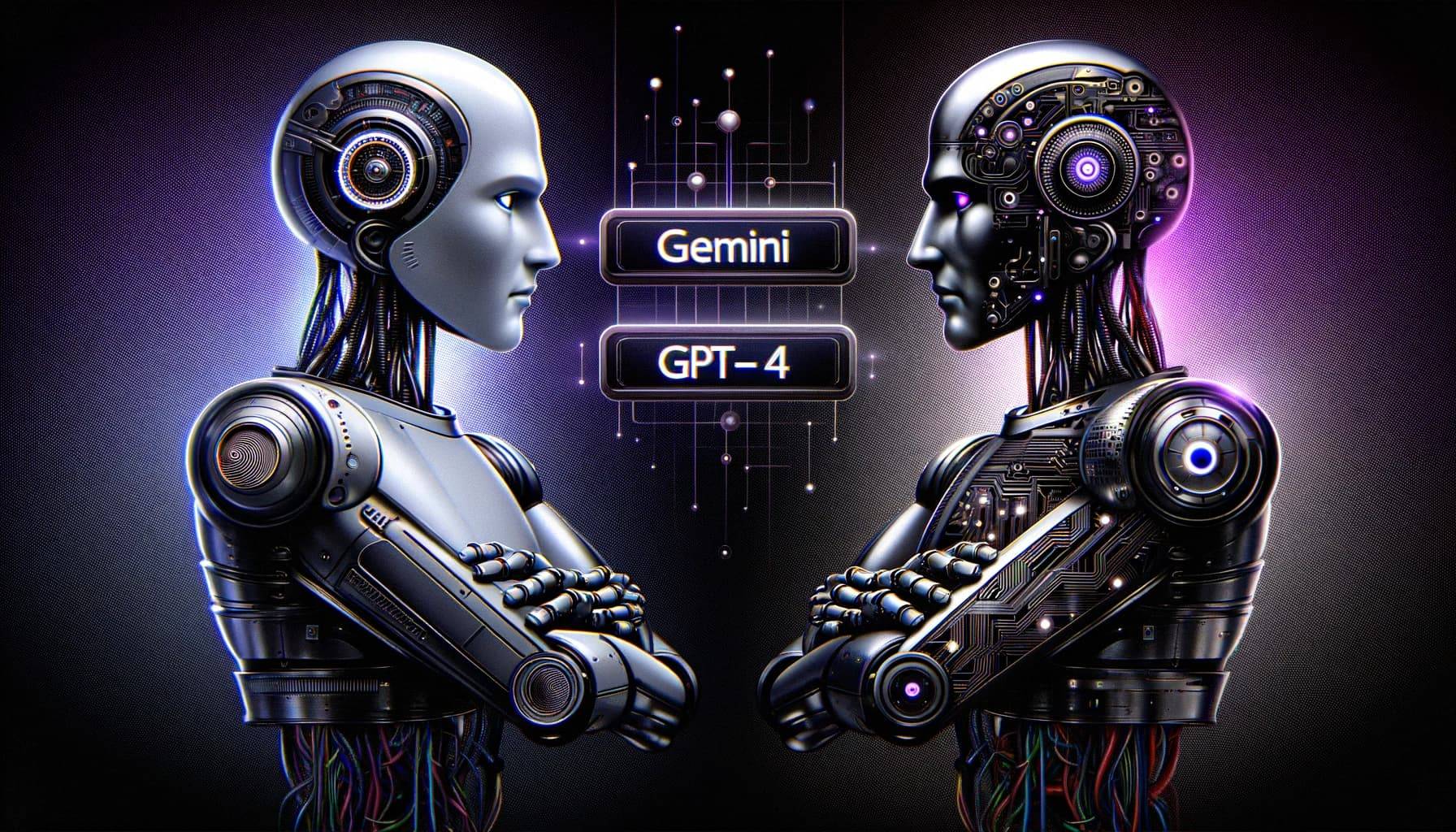 DALL·E-2023-12-08-15.25.53-Create-a-wide-format-image-depicting-a-standoff-between-two-humanoid-robots.-On-one-side-a-robot-symbolizing-Googles-AI-Gemini-sleek-and-futuristic