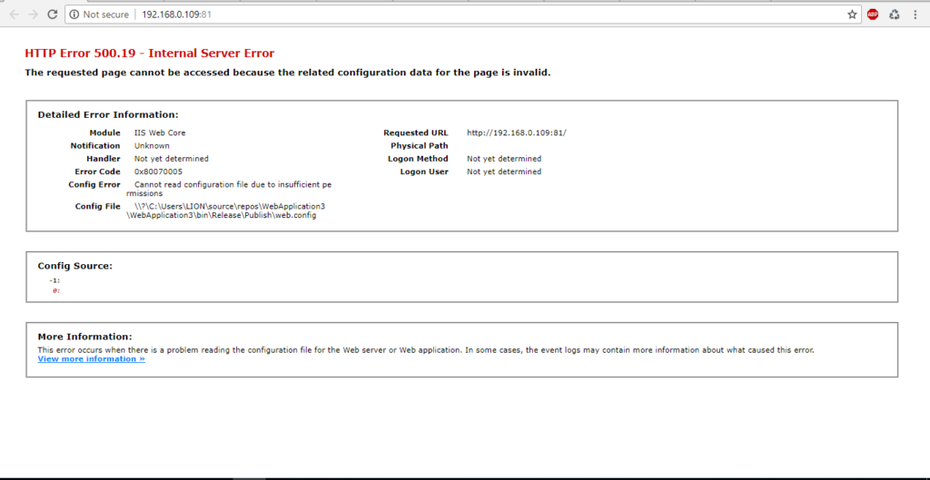 http error 500.19 - internal server error cannot read configuration file